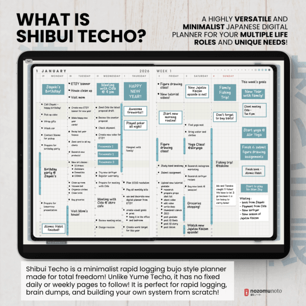 6. Perfect For Dated 2026 Digital Planner Shibui Techo NozomuNoto Notebook Weekly Monthly Calendar Japanese Multipurpose Minimalist ADHD Bullet Journal Hyperlinked PDF Goodnotes Notability Landscape Android iPad Student Study Noteshelf Samsung Notes Xodo