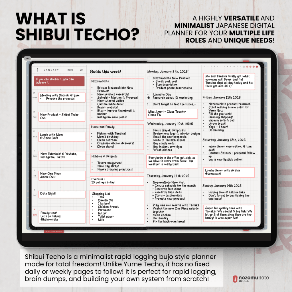 Dated 2026 Digital Planner Shibui Techo NozomuNoto Notebook Weekly Monthly Calendar Japanese Multipurpose Minimalist ADHD Bullet Journal Hyperlinked PDF Goodnotes Notability Landscape Android iPad Student Study Noteshelf Samsung Notes Xodo