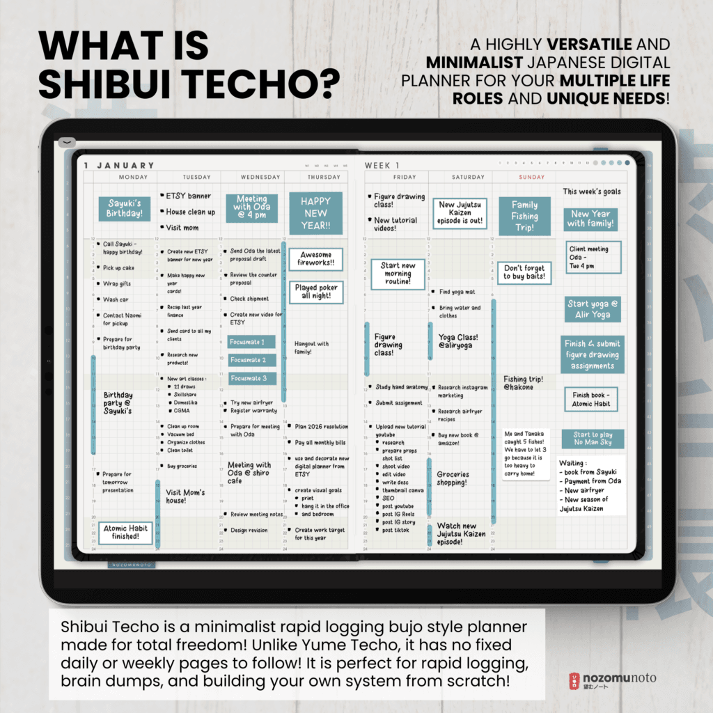 Undated Digital Planner Shibui Techo NozomuNoto Notebook Weekly Monthly Calendar Japanese Multipurpose Minimalist ADHD Bullet Journal Hyperlinked PDF Goodnotes Notability Landscape Android iPad Student Study Noteshelf Samsung Notes Xodo