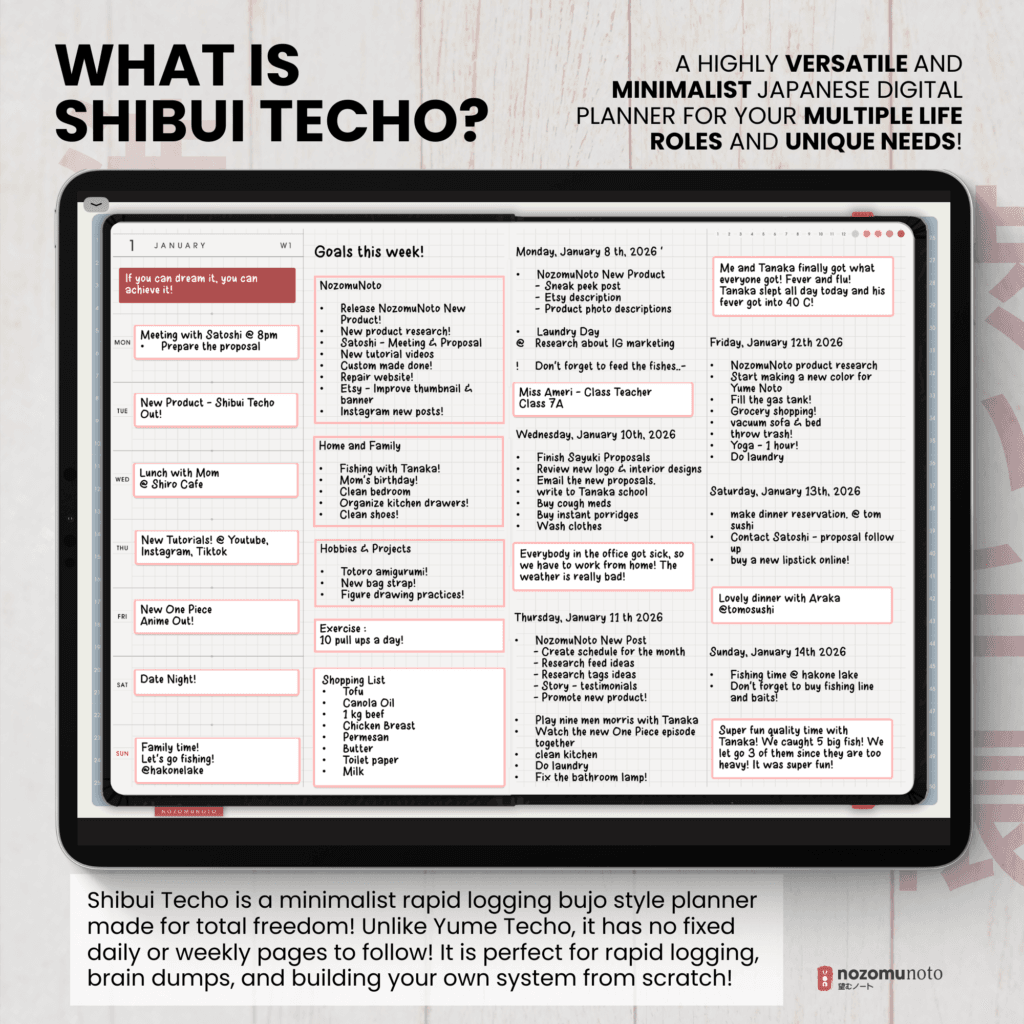 Undated Digital Planner Shibui Techo NozomuNoto Notebook Weekly Monthly Calendar Japanese Multipurpose Minimalist ADHD Bullet Journal Hyperlinked PDF Goodnotes Notability Landscape Android iPad Student Study Noteshelf Samsung Notes Xodo