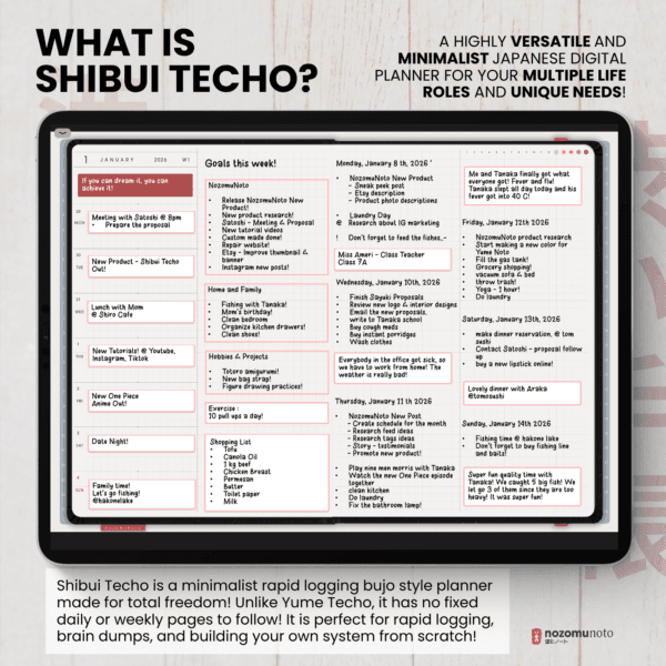 6. Perfect For Dated 2026 Digital Planner Shibui Techo NozomuNoto Notebook Weekly Monthly Calendar Japanese Multipurpose Minimalist ADHD Bullet Journal Hyperlinked PDF Goodnotes Notability Landscape Android iPad Student Study Noteshelf Samsung Notes Xodo