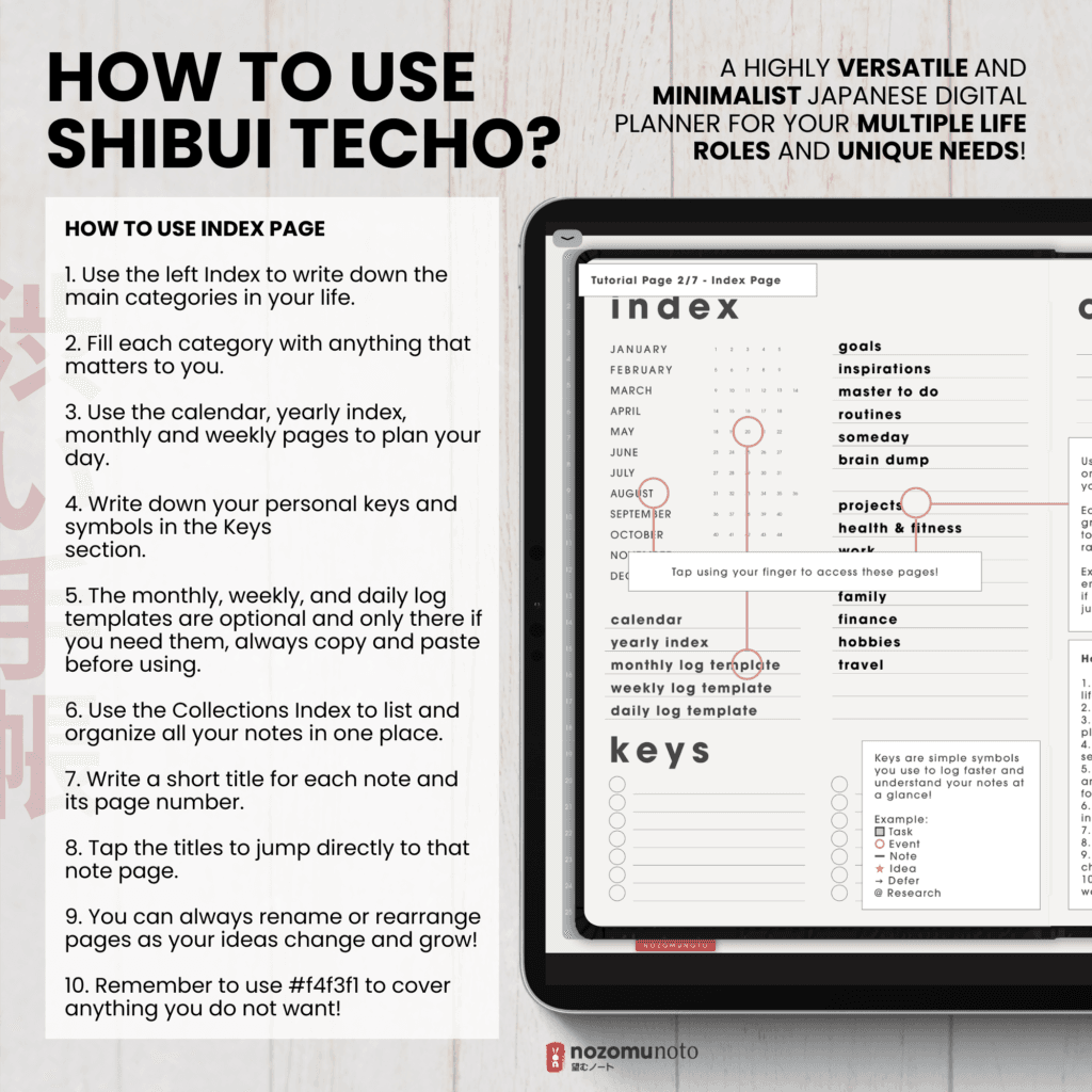 Dated 2026 Digital Planner Shibui Techo NozomuNoto Notebook Weekly Monthly Calendar Japanese Multipurpose Minimalist ADHD Bullet Journal Hyperlinked PDF Goodnotes Notability Landscape Android iPad Student Study Noteshelf Samsung Notes Xodo