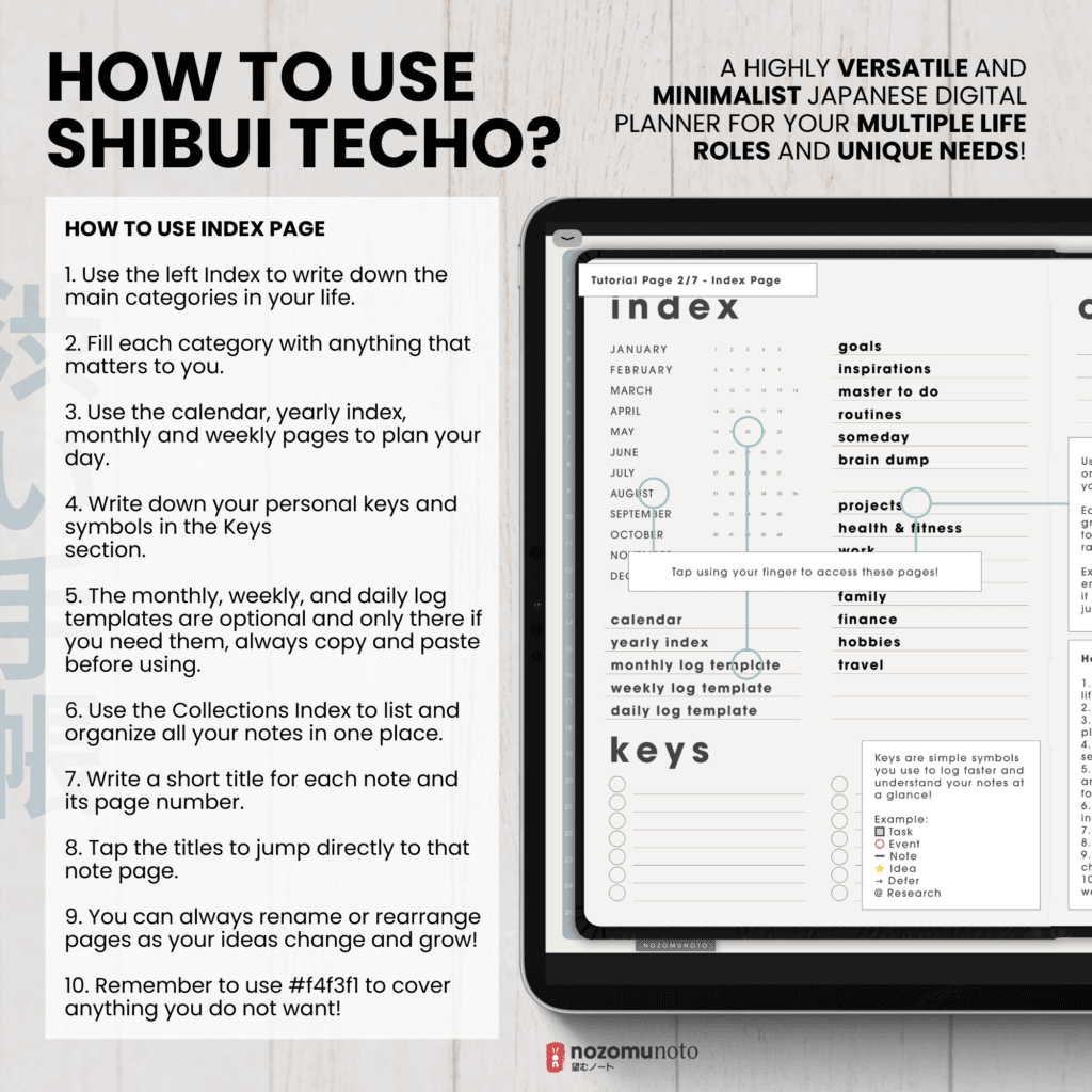 Undated Digital Planner Shibui Techo NozomuNoto Notebook Weekly Monthly Calendar Japanese Multipurpose Minimalist ADHD Bullet Journal Hyperlinked PDF Goodnotes Notability Landscape Android iPad Student Study Noteshelf Samsung Notes Xodo