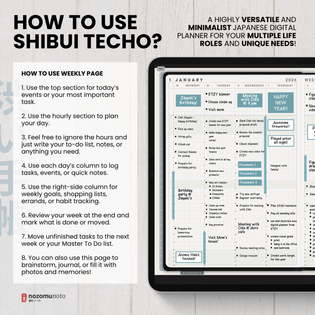 Dated 2026 Digital Planner Shibui Techo NozomuNoto Notebook Weekly Monthly Calendar Japanese Multipurpose Minimalist ADHD Bullet Journal Hyperlinked PDF Goodnotes Notability Landscape Android iPad Student Study Noteshelf Samsung Notes Xodo