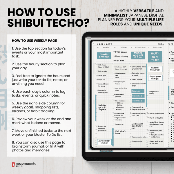 8. Perfect For Dated 2026 Digital Planner Shibui Techo NozomuNoto Notebook Weekly Monthly Calendar Japanese Multipurpose Minimalist ADHD Bullet Journal Hyperlinked PDF Goodnotes Notability Landscape Android iPad Student Study Noteshelf Samsung Notes Xodo