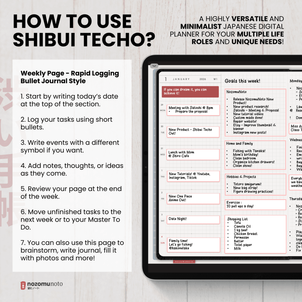 Dated 2026 Digital Planner Shibui Techo NozomuNoto Notebook Weekly Monthly Calendar Japanese Multipurpose Minimalist ADHD Bullet Journal Hyperlinked PDF Goodnotes Notability Landscape Android iPad Student Study Noteshelf Samsung Notes Xodo