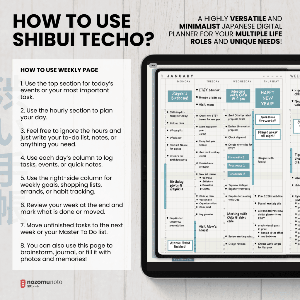 Undated Digital Planner Shibui Techo NozomuNoto Notebook Weekly Monthly Calendar Japanese Multipurpose Minimalist ADHD Bullet Journal Hyperlinked PDF Goodnotes Notability Landscape Android iPad Student Study Noteshelf Samsung Notes Xodo