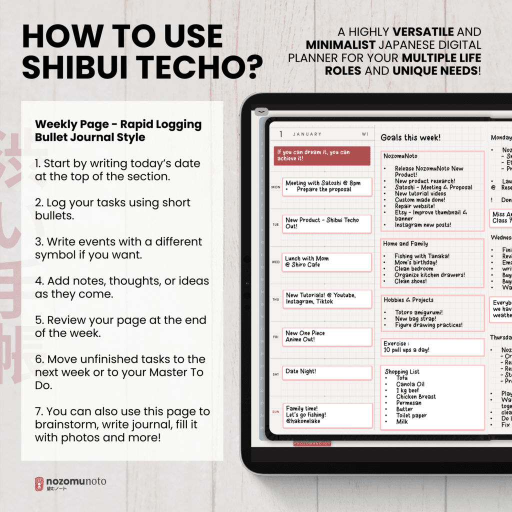 Undated Digital Planner Shibui Techo NozomuNoto Notebook Weekly Monthly Calendar Japanese Multipurpose Minimalist ADHD Bullet Journal Hyperlinked PDF Goodnotes Notability Landscape Android iPad Student Study Noteshelf Samsung Notes Xodo