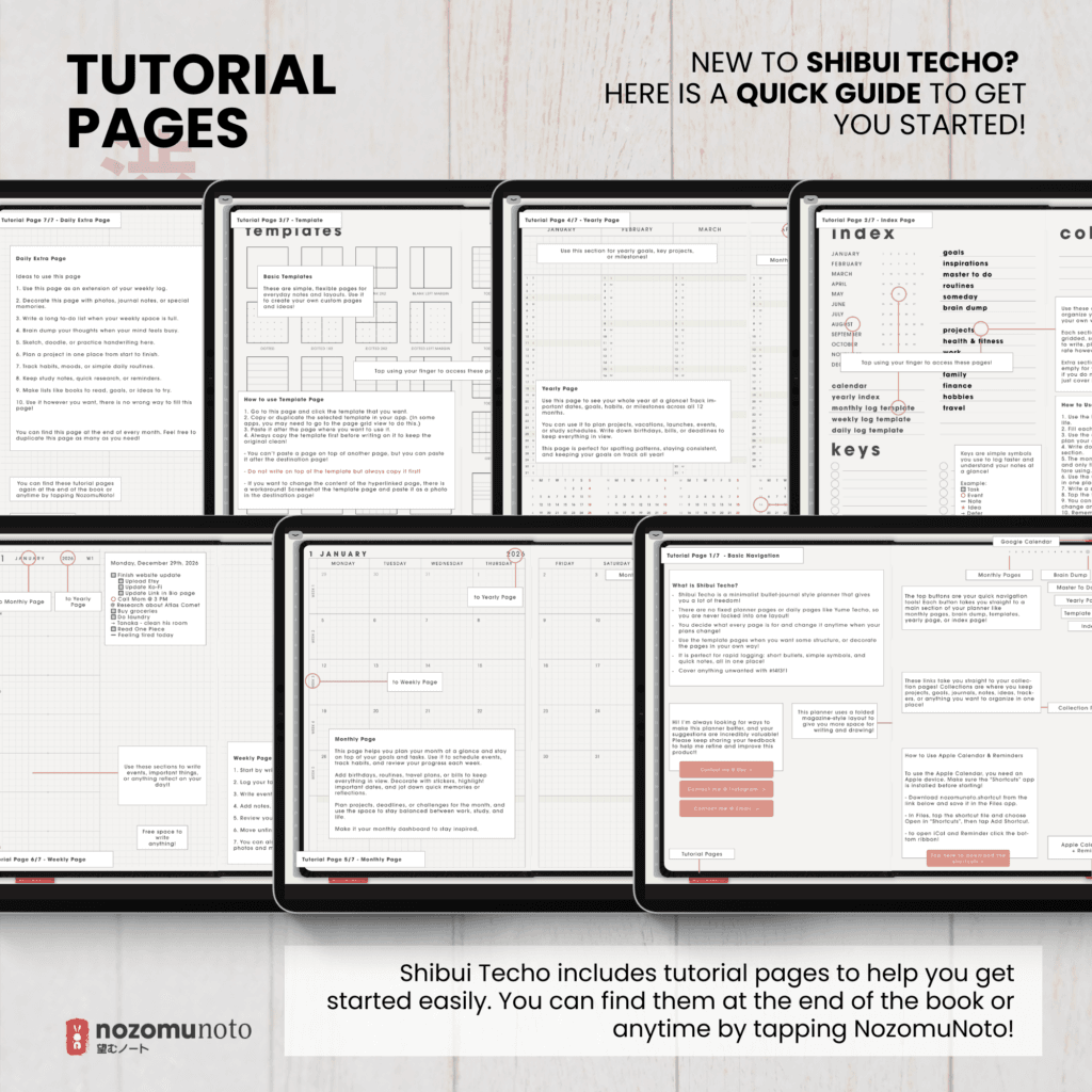Dated 2026 Digital Planner Shibui Techo NozomuNoto Notebook Weekly Monthly Calendar Japanese Multipurpose Minimalist ADHD Bullet Journal Hyperlinked PDF Goodnotes Notability Landscape Android iPad Student Study Noteshelf Samsung Notes Xodo