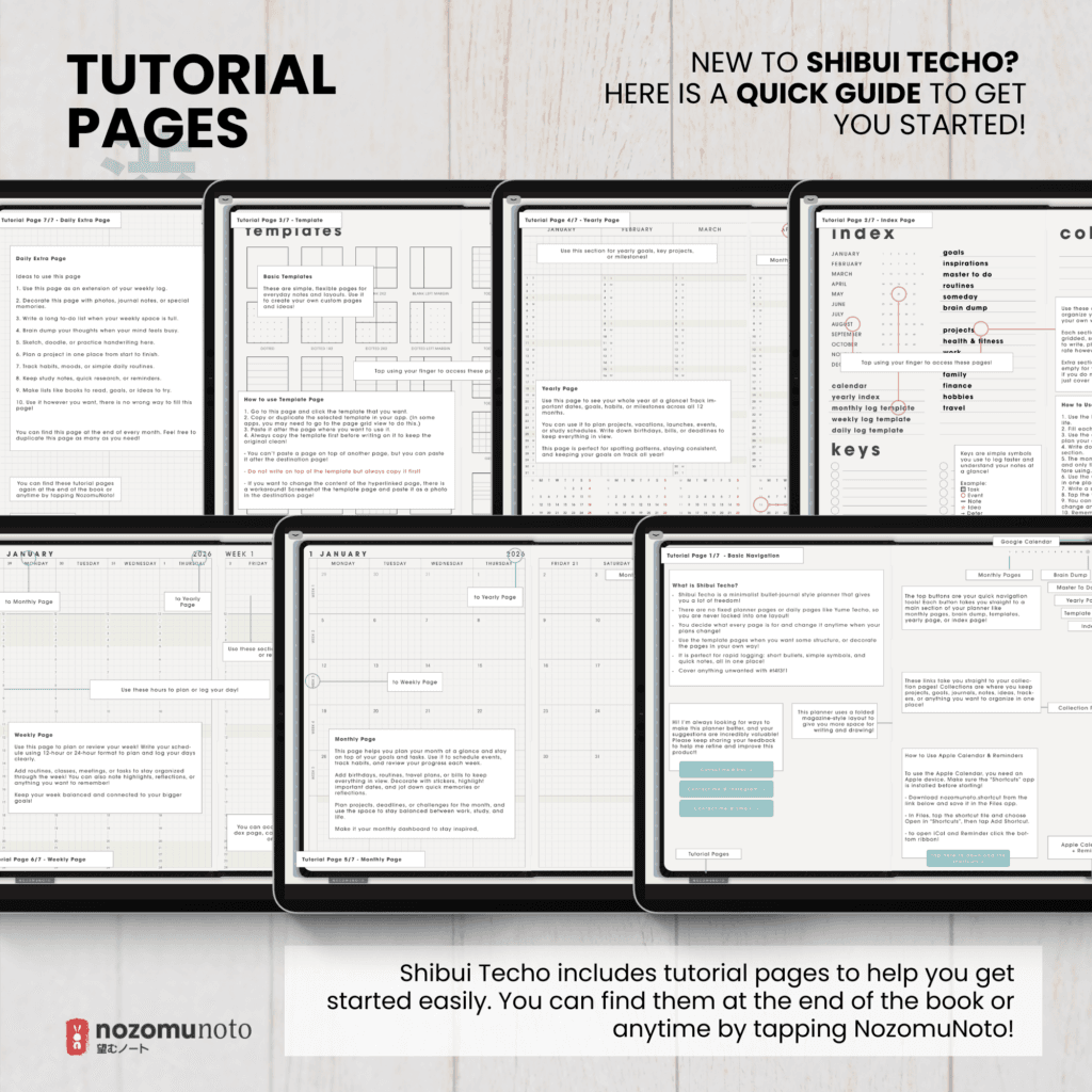 Undated Digital Planner Shibui Techo NozomuNoto Notebook Weekly Monthly Calendar Japanese Multipurpose Minimalist ADHD Bullet Journal Hyperlinked PDF Goodnotes Notability Landscape Android iPad Student Study Noteshelf Samsung Notes Xodo