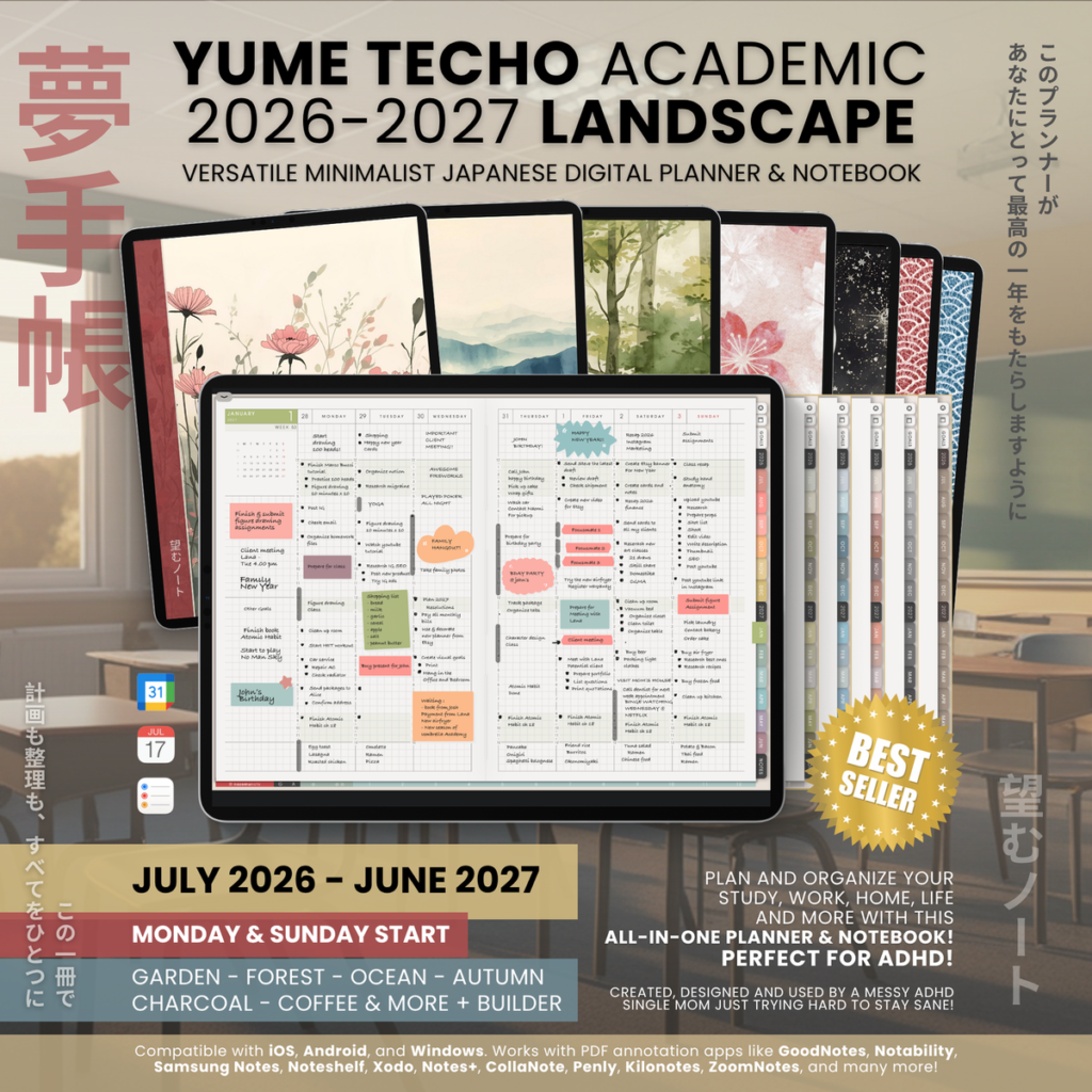 Dated Academic 2026 2027 Digital Planner Yume Techo NozomuNoto Notebook Daily Weekly Monthly Calendar Japanese Multipurpose Minimalist ADHD Bullet Journal Hyperlinked PDF Goodnotes Notability Landscape Android iPad Student Noteshelf Samsung Hobonichi Noteful Penly Kilonotes Collanote Zoomnotes Noteful Starnote Samsung