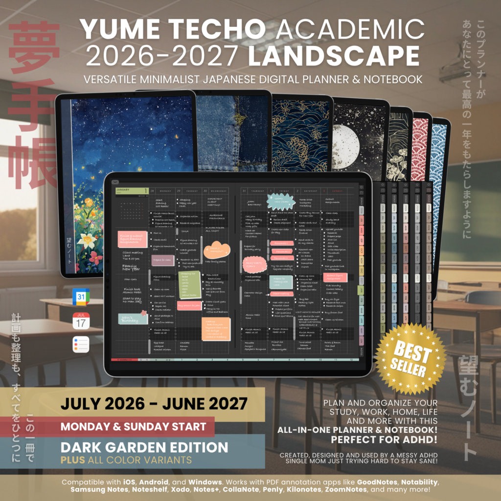 Dated Academic 2026 2027 Digital Planner Yume Techo NozomuNoto Notebook Daily Weekly Monthly Calendar Japanese Multipurpose Minimalist ADHD Bullet Journal Hyperlinked PDF Goodnotes Notability Landscape Android iPad Student Noteshelf Samsung Hobonichi Noteful Penly Kilonotes Collanote Zoomnotes Noteful Starnote Samsung
