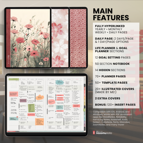 2.Main Features Dated Academic 2026 2027 Digital Planner Yume Techo NozomuNoto Notebook Daily Weekly Monthly Calendar Japanese Multipurpose Minimalist ADHD Bullet Journal Hyperlinked PDF Goodnotes Notability Landscape Android iPad Student Noteshelf Samsung Hobonichi Noteful Penly Kilonotes Collanote Zoomnotes Noteful Starnote Samsung
