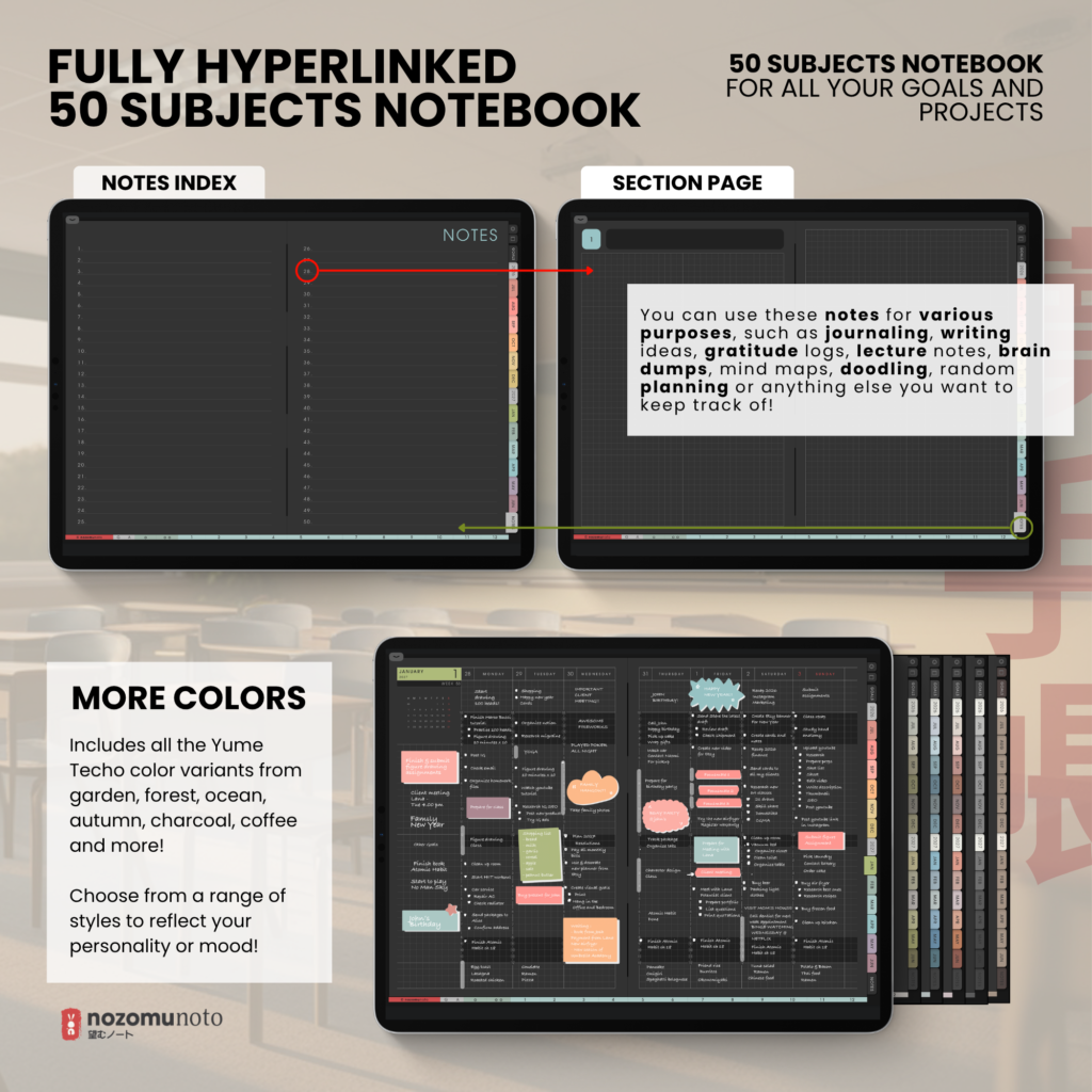 Dated Academic 2026 2027 Digital Planner Yume Techo NozomuNoto Notebook Daily Weekly Monthly Calendar Japanese Multipurpose Minimalist ADHD Bullet Journal Hyperlinked PDF Goodnotes Notability Landscape Android iPad Student Noteshelf Samsung Hobonichi Noteful Penly Kilonotes Collanote Zoomnotes Noteful Starnote Samsung