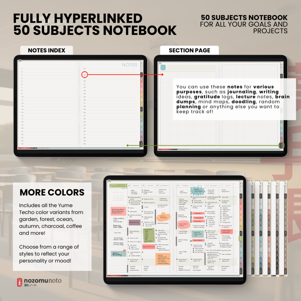 Dated Academic 2026 2027 Digital Planner Yume Techo NozomuNoto Notebook Daily Weekly Monthly Calendar Japanese Multipurpose Minimalist ADHD Bullet Journal Hyperlinked PDF Goodnotes Notability Landscape Android iPad Student Noteshelf Samsung Hobonichi Noteful Penly Kilonotes Collanote Zoomnotes Noteful Starnote Samsung