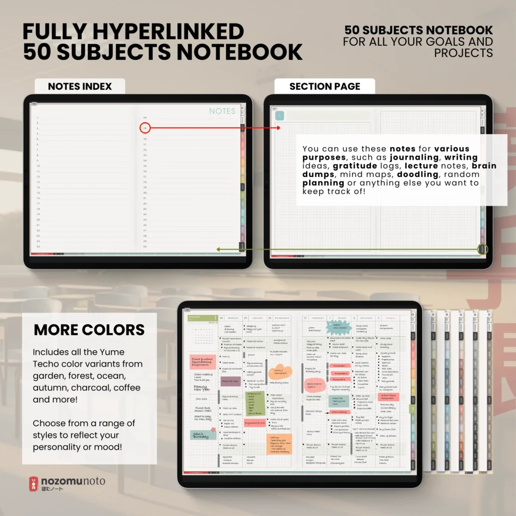 Dated Academic 2026 2027 Digital Planner Yume Techo NozomuNoto Notebook Daily Weekly Monthly Calendar Japanese Multipurpose Minimalist ADHD Bullet Journal Hyperlinked PDF Goodnotes Notability Landscape Android iPad Student Noteshelf Samsung Hobonichi Noteful Penly Kilonotes Collanote Zoomnotes Noteful Starnote Samsung