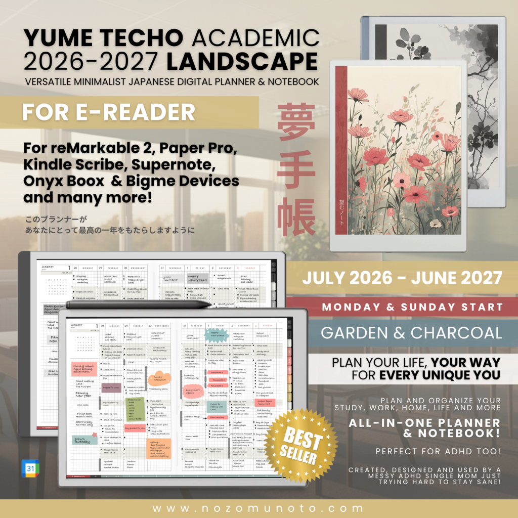 Yume Techo Academic 2026 2027 Landscape E-Reader digital planner and notebook cover preview for Remarkable, Kindle Scribe, Supernote, Boox, Bigme, Kobo, and PocketBook.