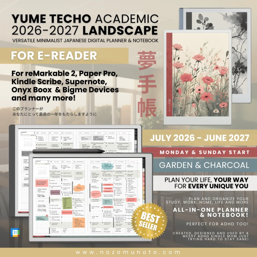 Yume Techo Academic 2026 2027 Landscape E-Reader digital planner and notebook cover preview for Remarkable, Kindle Scribe, Supernote, Boox, Bigme, Kobo, and PocketBook.