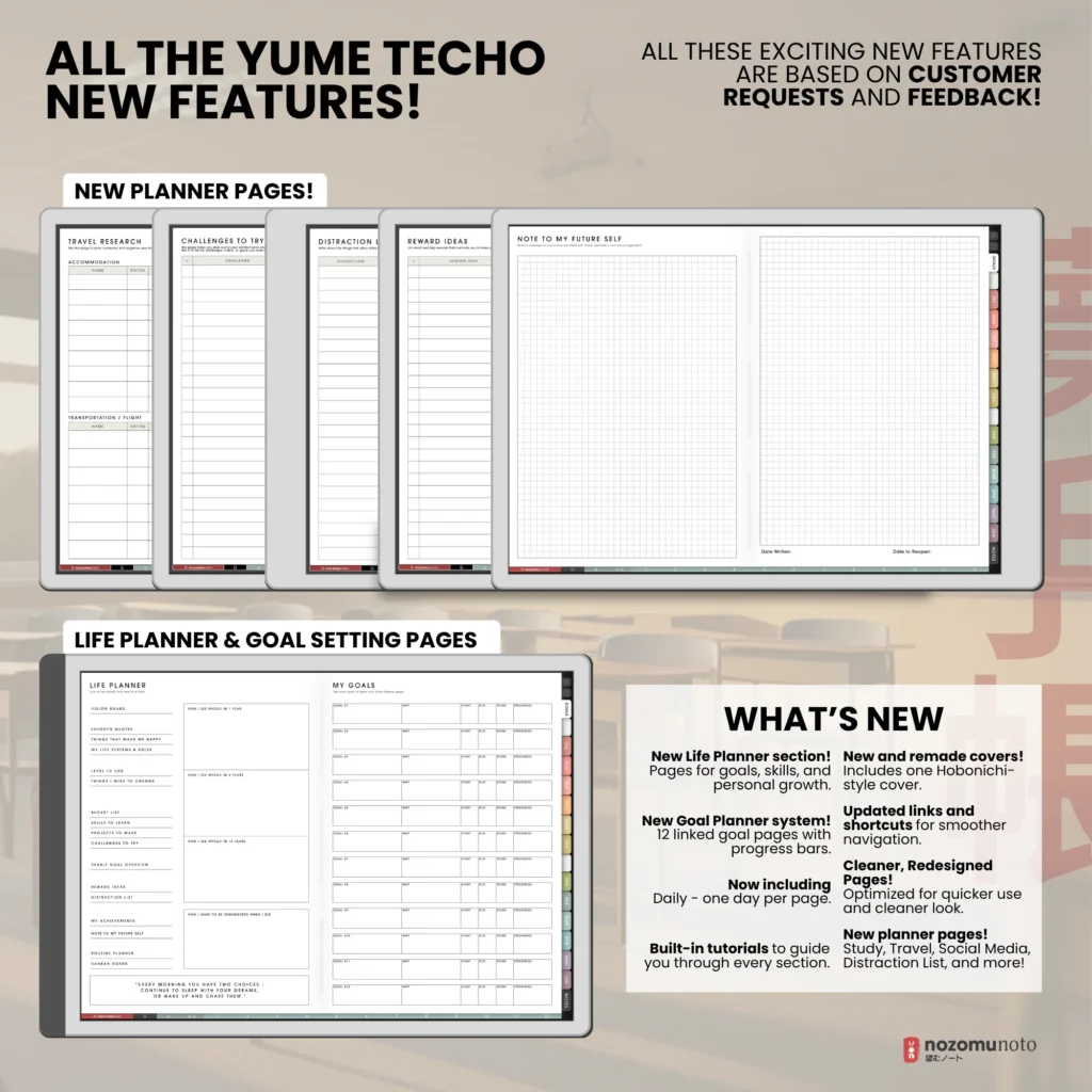 Yume Techo Academic 2026 2027 Landscape E-Reader digital planner and notebook what is new page preview.