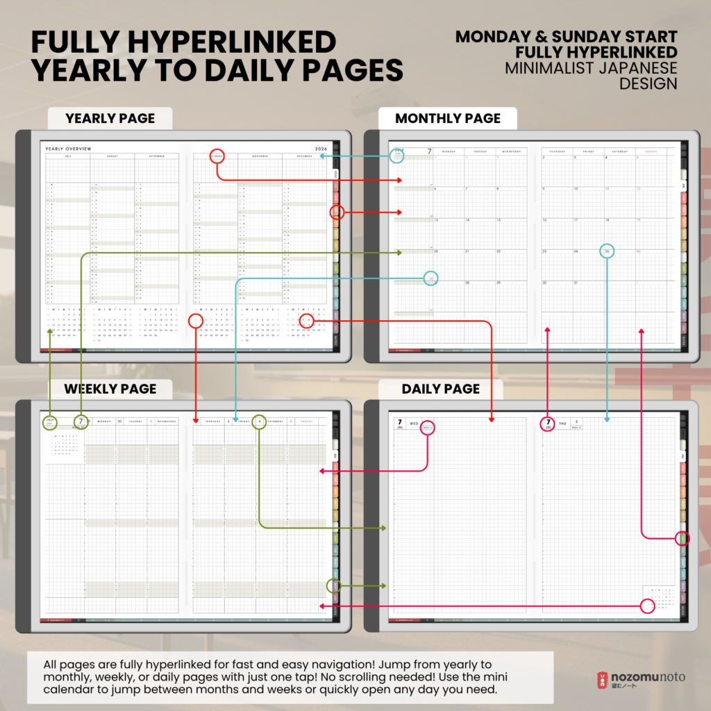Yume Techo Academic 2026 2027 Landscape E-Reader digital planner and notebook hyperlinked pages preview.