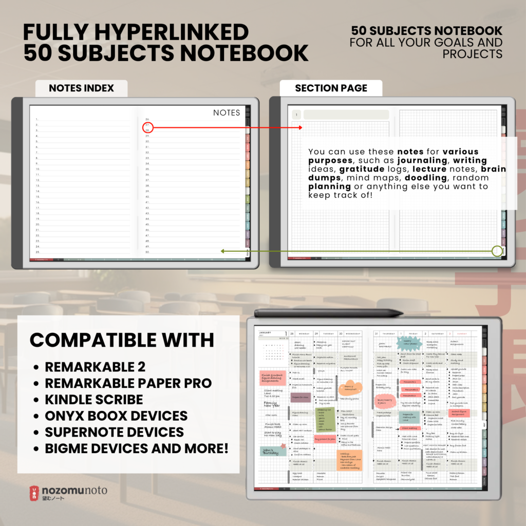 Yume Techo Academic 2026 2027 Landscape E-Reader digital planner and notebook notes and sections preview.