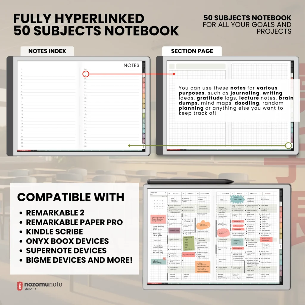 Yume Techo Academic 2026 2027 Landscape E-Reader digital planner and notebook notes and sections preview.