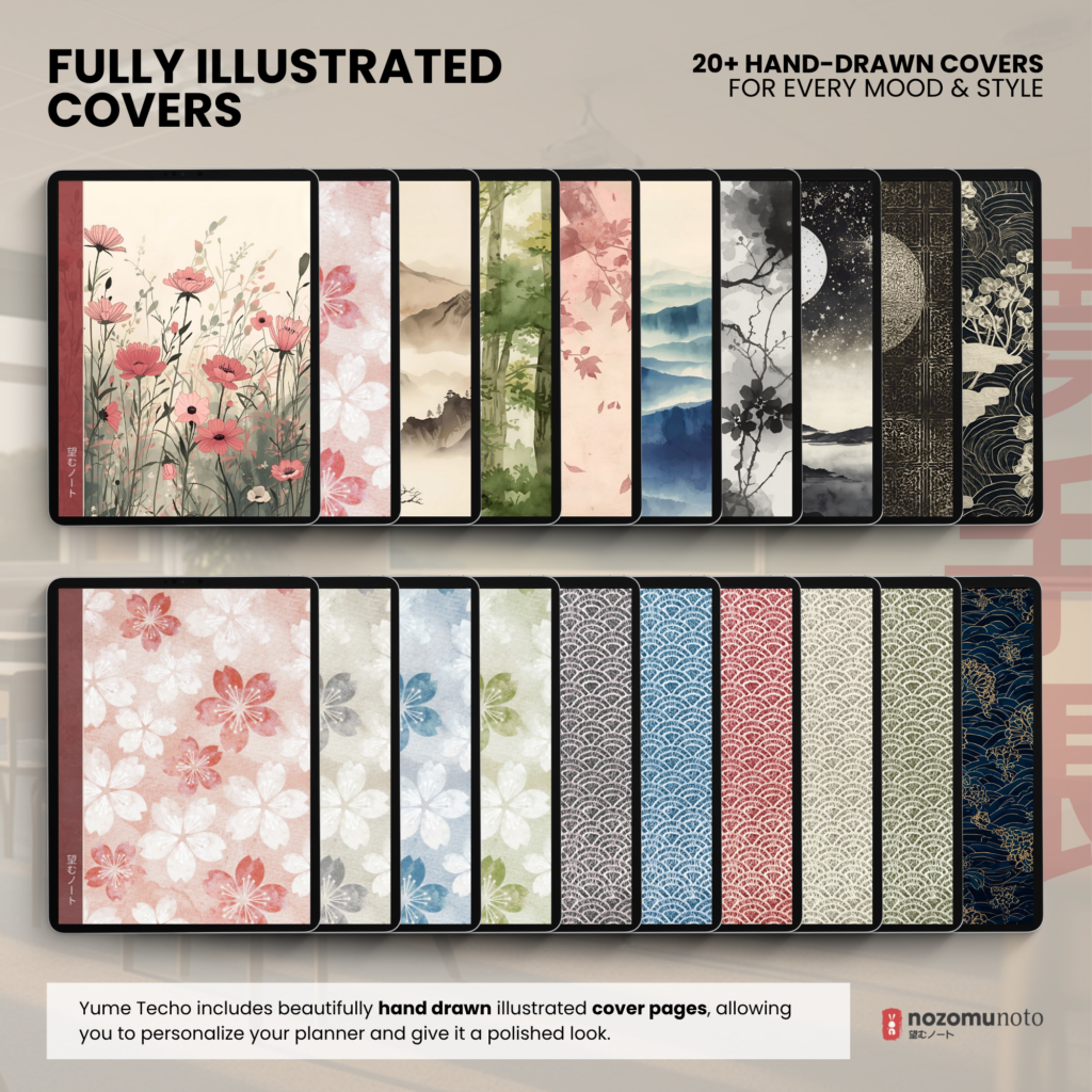 Yume Techo Academic 2026 2027 Landscape E-Reader digital planner and notebook cover collection preview.