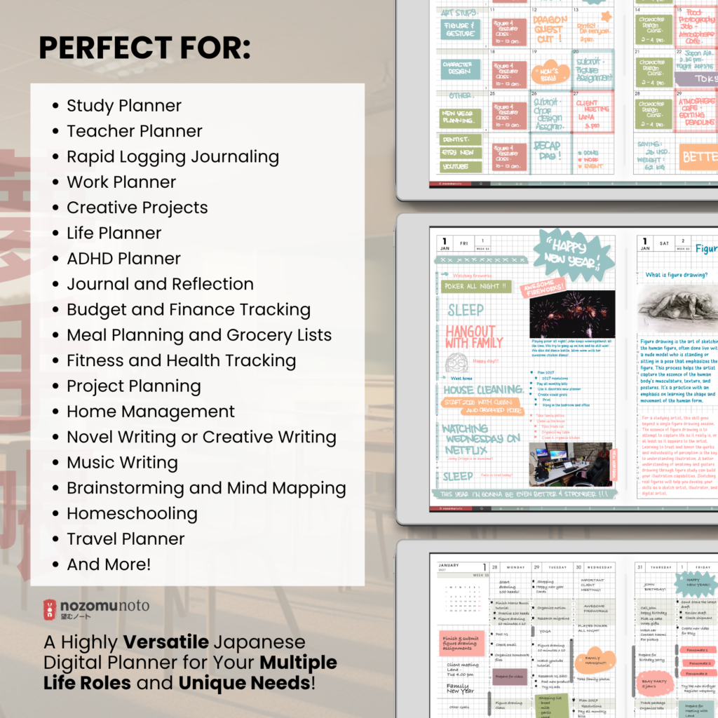 Yume Techo Academic 2026 2027 Landscape E-Reader digital planner and notebook perfect for page showing student, teacher, planning, and study uses.