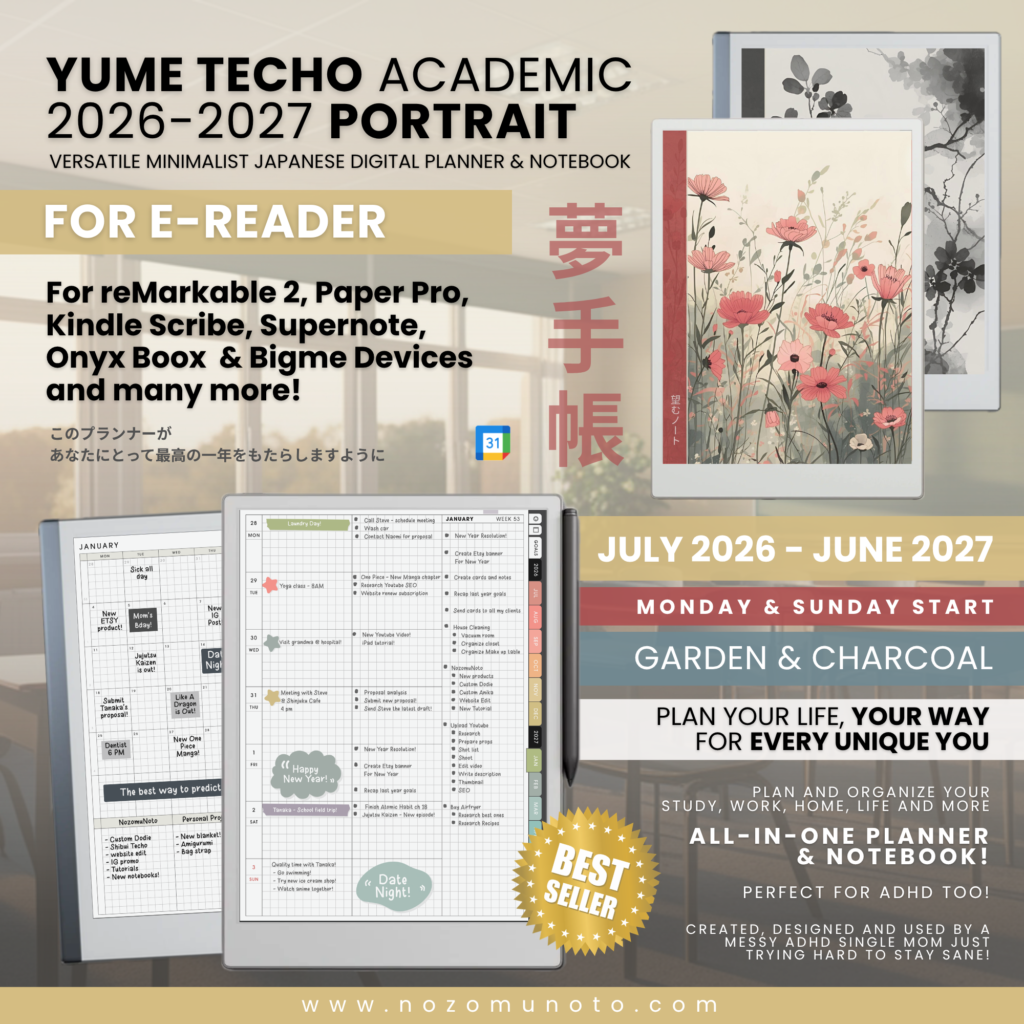 Yume Techo Academic 2026 2027 Portrait E-Reader digital planner and notebook cover preview for Remarkable, Kindle Scribe, Supernote, Boox, Bigme, Kobo, and PocketBook.