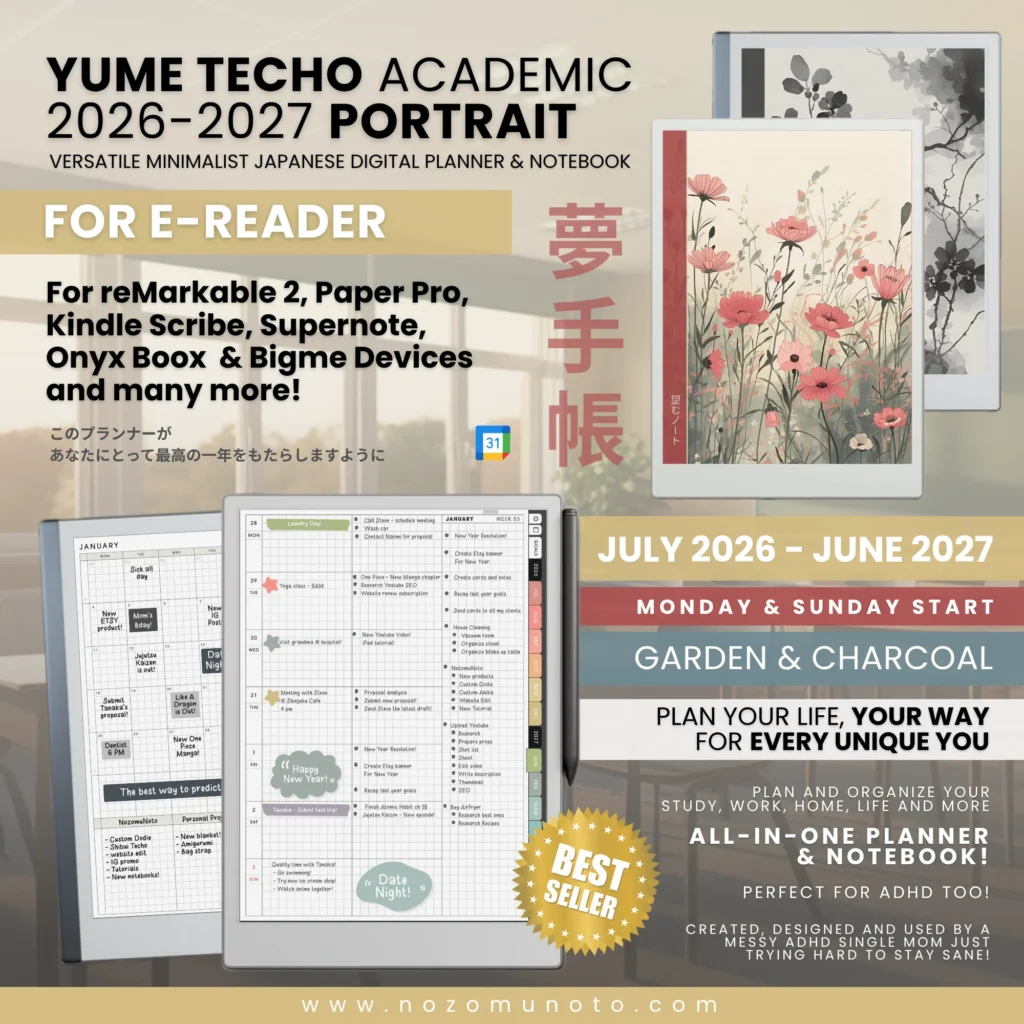 Yume Techo Academic 2026 2027 Portrait E-Reader digital planner and notebook cover preview for Remarkable, Kindle Scribe, Supernote, Boox, Bigme, Kobo, and PocketBook.