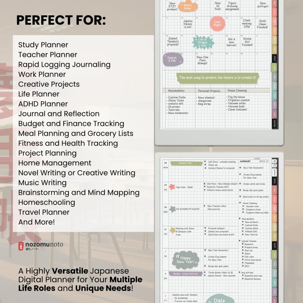 Yume Techo Academic 2026 2027 Portrait E-Reader digital planner and notebook perfect for page showing student, teacher, planning, and study uses.
