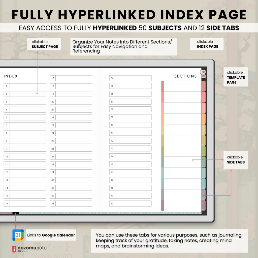 Yume Noto V1 Landscape E-Reader Garden index preview for reMarkable 2, reMarkable Paper Pro, Kindle Scribe, Supernote, Onyx Boox, and Bigme.