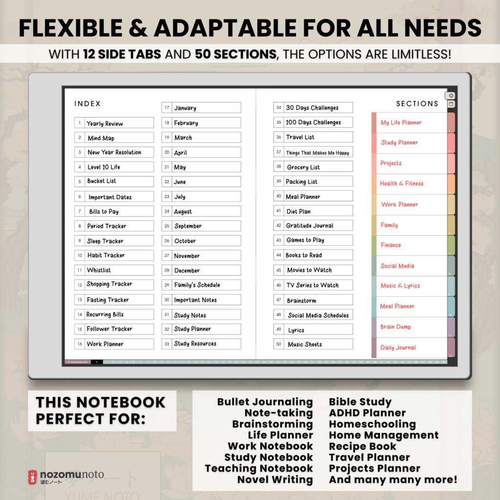 Yume Noto V1 Landscape E-Reader Garden filled index example preview for reMarkable 2, reMarkable Paper Pro, Kindle Scribe, Supernote, Onyx Boox, and Bigme.