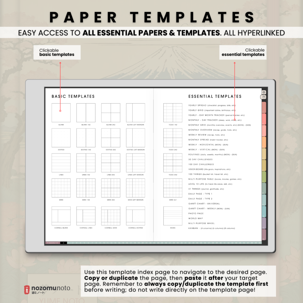 Yume Noto V1 Landscape E-Reader Garden paper template overview for reMarkable 2, reMarkable Paper Pro, Kindle Scribe, Supernote, Onyx Boox, and Bigme.
