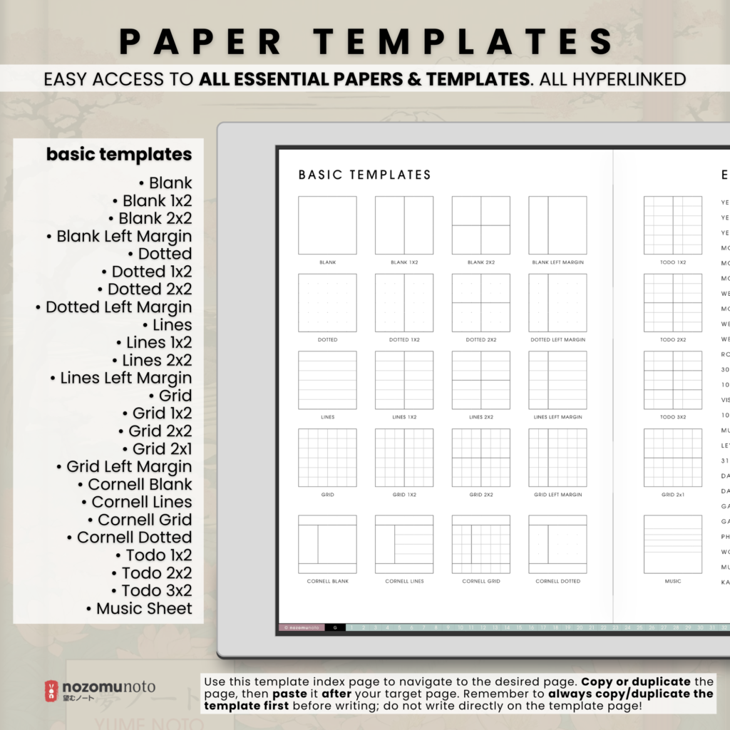 Yume Noto V1 Landscape E-Reader Garden paper template preview for reMarkable 2, reMarkable Paper Pro, Kindle Scribe, Supernote, Onyx Boox, and Bigme.