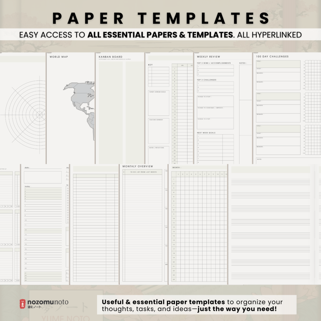 Yume Noto V1 Landscape E-Reader Garden third paper template preview for reMarkable 2, reMarkable Paper Pro, Kindle Scribe, Supernote, Onyx Boox, and Bigme.