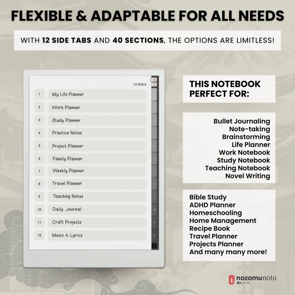 Yume Noto V1 Portrait E-Reader Charcoal section index preview for reMarkable 2, reMarkable Paper Pro, Kindle Scribe, Supernote, Onyx Boox, and Bigme.