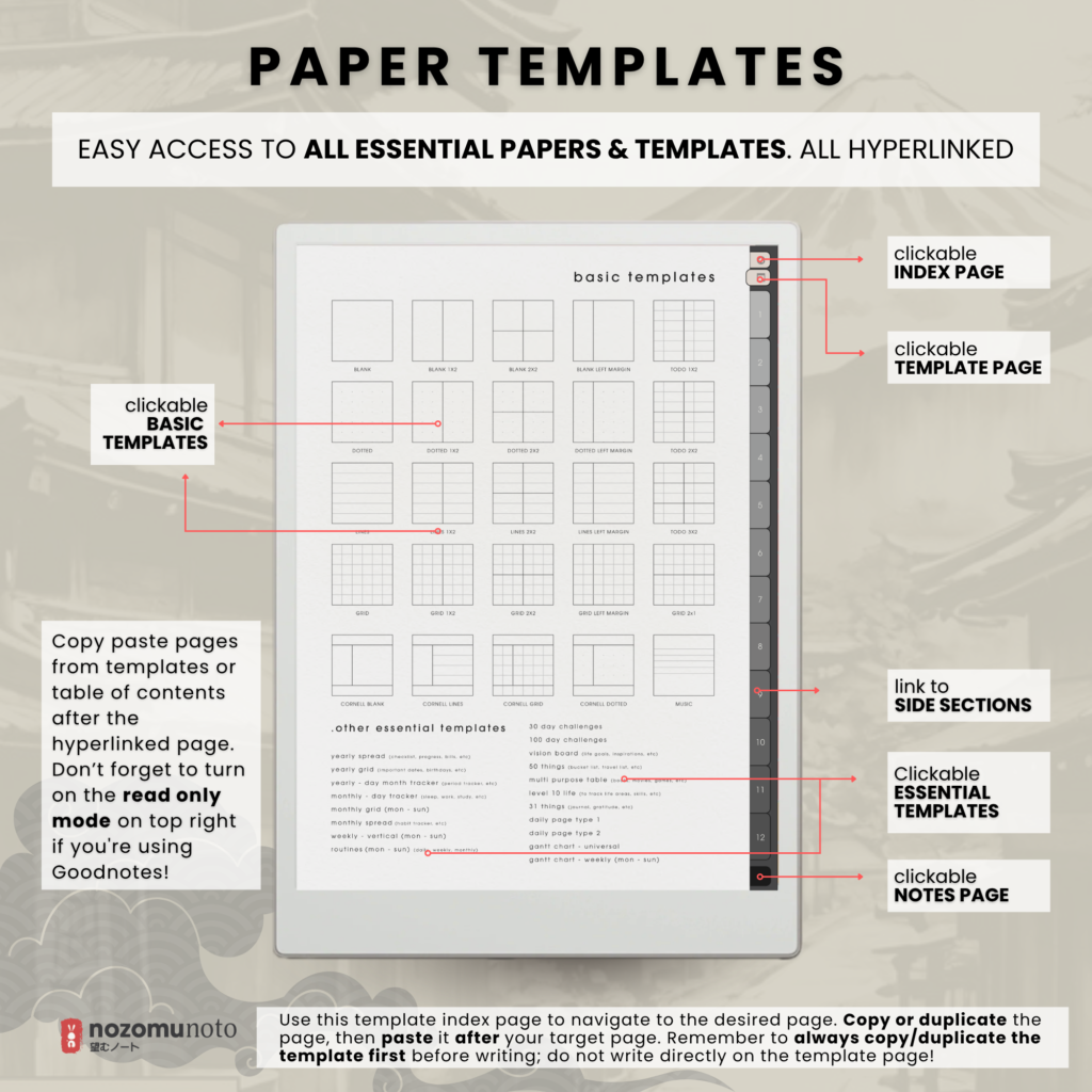 Yume Noto V1 Portrait E-Reader Charcoal paper template overview for reMarkable 2, reMarkable Paper Pro, Kindle Scribe, Supernote, Onyx Boox, and Bigme.