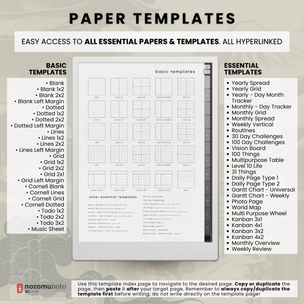 Yume Noto V1 Portrait E-Reader Charcoal paper template preview for reMarkable 2, reMarkable Paper Pro, Kindle Scribe, Supernote, Onyx Boox, and Bigme.