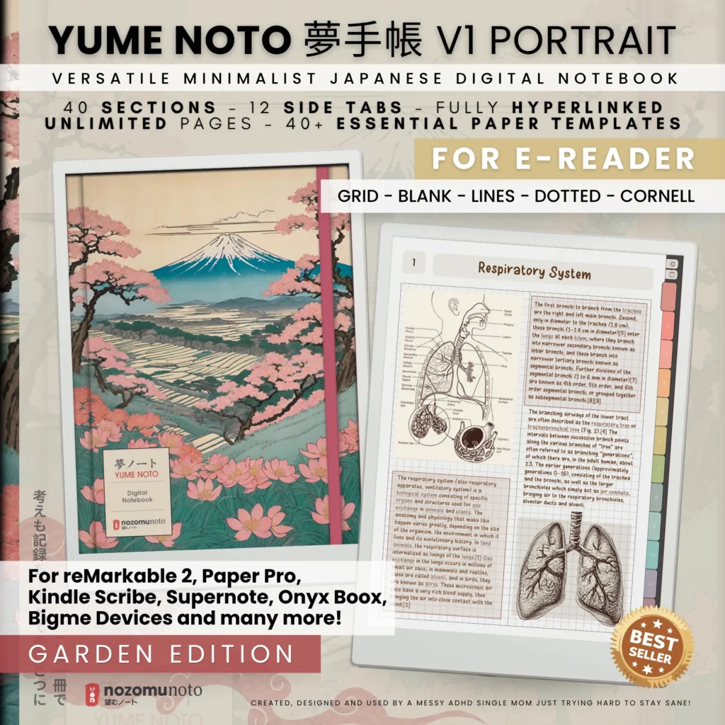 Yume Noto V1 Portrait E-Reader Garden cover preview for reMarkable 2, reMarkable Paper Pro, Kindle Scribe, Supernote, Onyx Boox, and Bigme.