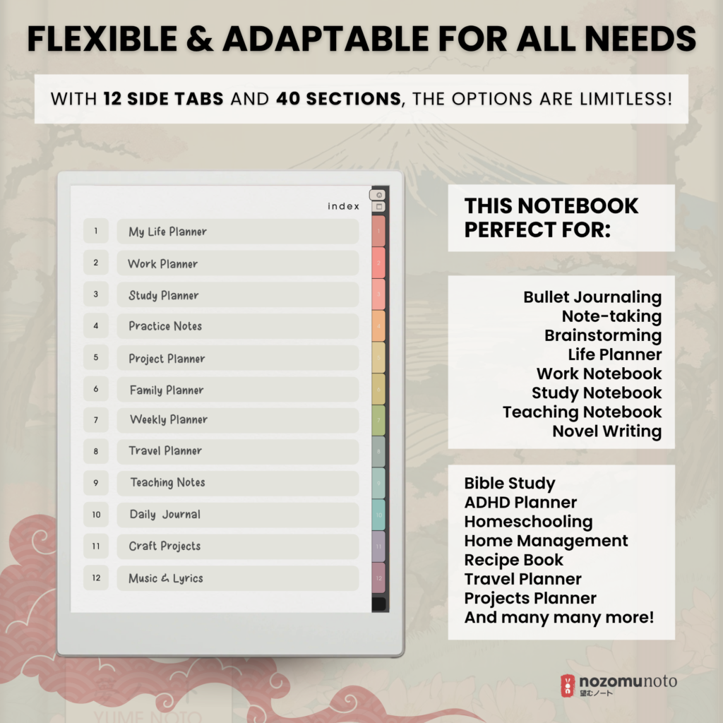 Yume Noto V1 Portrait E-Reader Garden section index preview for reMarkable 2, reMarkable Paper Pro, Kindle Scribe, Supernote, Onyx Boox, and Bigme.