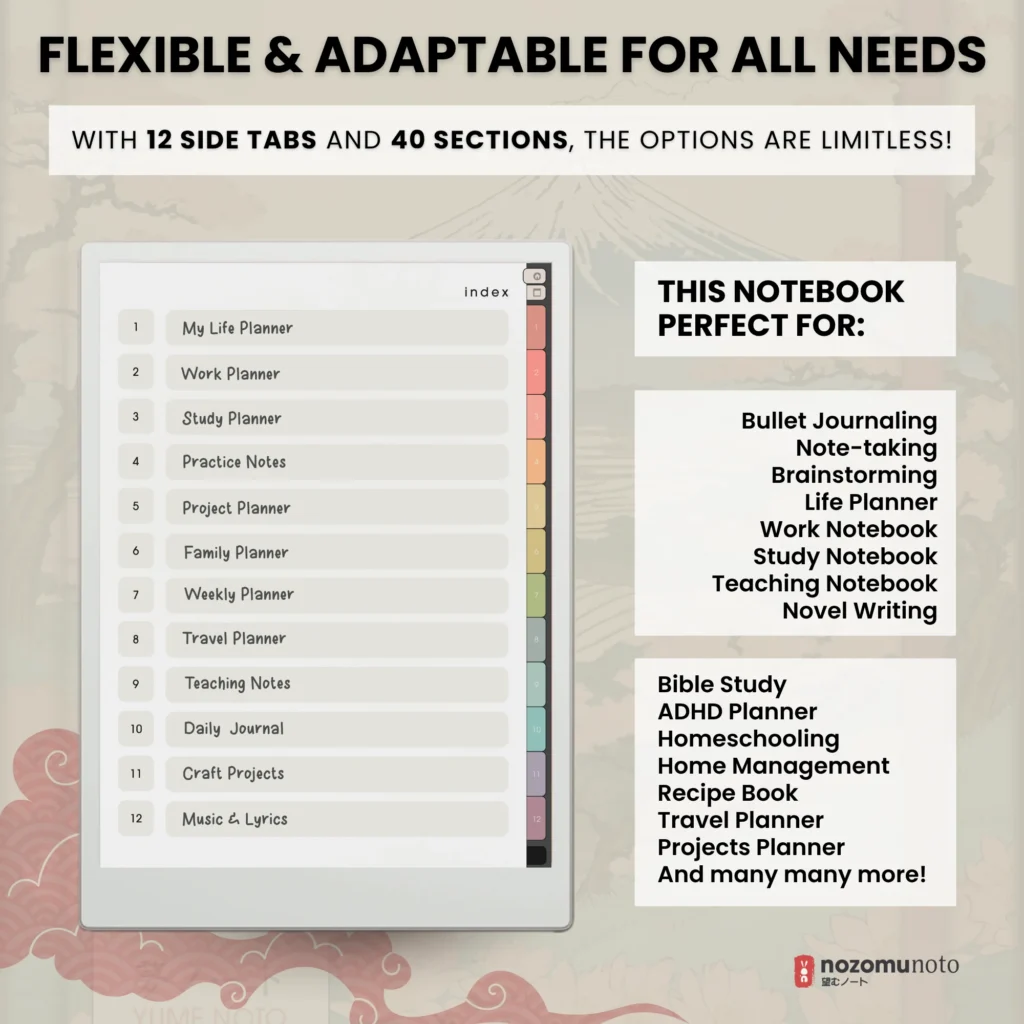 Yume Noto V1 Portrait E-Reader Garden section index preview for reMarkable 2, reMarkable Paper Pro, Kindle Scribe, Supernote, Onyx Boox, and Bigme.