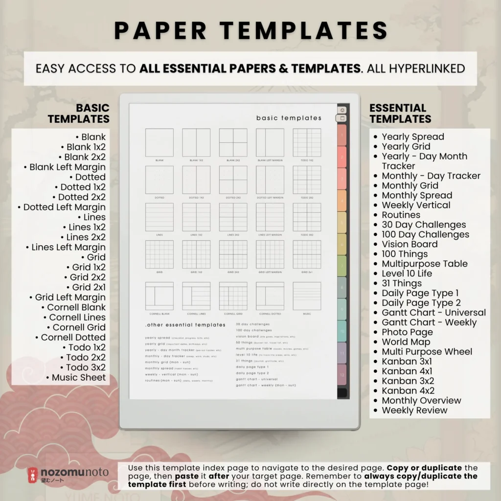Yume Noto V1 Portrait E-Reader Garden paper template preview for reMarkable 2, reMarkable Paper Pro, Kindle Scribe, Supernote, Onyx Boox, and Bigme.