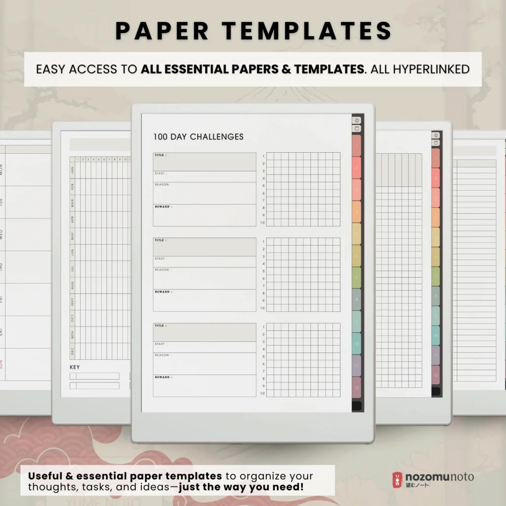 Yume Noto V1 Portrait E-Reader Garden additional paper template preview for reMarkable 2, reMarkable Paper Pro, Kindle Scribe, Supernote, Onyx Boox, and Bigme.