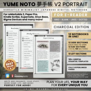 Yume Noto V2 Portrait E-Reader Charcoal - 01 Yume Noto V2 Portrait E-Reader Charcoal cover and notebook overview showing 12 notebooks and 168 linked sections for reMarkable, Kindle Scribe, Supernote, Boox, and Bigme.