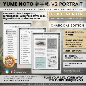 Yume Noto V2 Portrait E-Reader Charcoal - 01 Yume Noto V2 Portrait E-Reader Charcoal cover and notebook overview showing 12 notebooks and 168 linked sections for reMarkable, Kindle Scribe, Supernote, Boox, and Bigme.