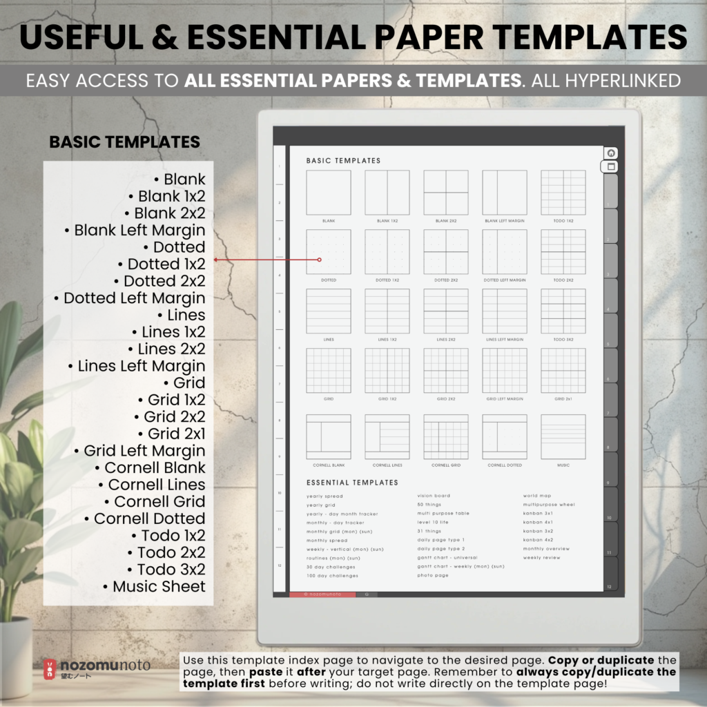Yume Noto V2 Portrait E-Reader Charcoal paper template overview for reMarkable, Kindle Scribe, Supernote, Boox, and Bigme.