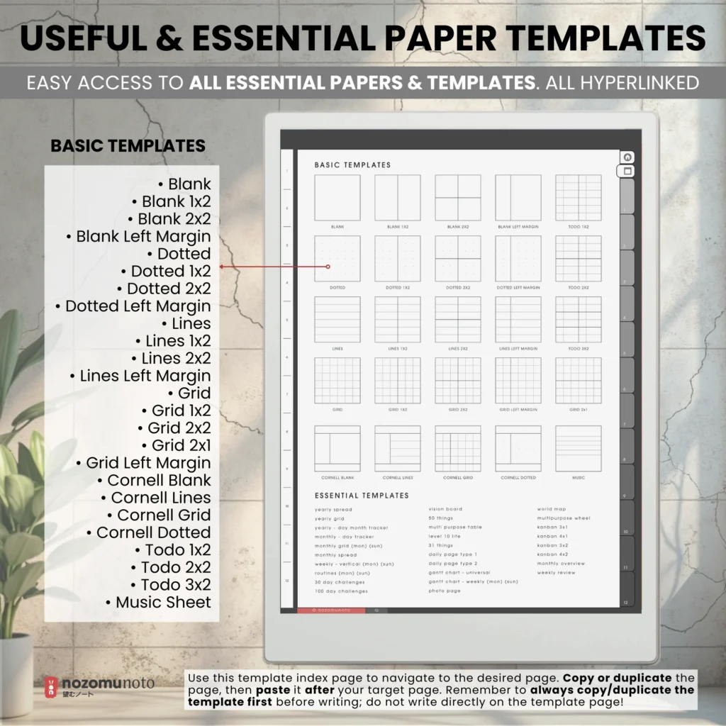Yume Noto V2 Portrait E-Reader Charcoal paper template overview for reMarkable, Kindle Scribe, Supernote, Boox, and Bigme.
