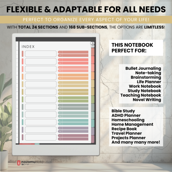 Yume Noto V2 Portrait E-Reader Garden - 06 Yume Noto V2 Portrait E-Reader Garden filled section index example for study, work, home, and project notes for reMarkable, Kindle Scribe, Supernote, Boox, and Bigme.