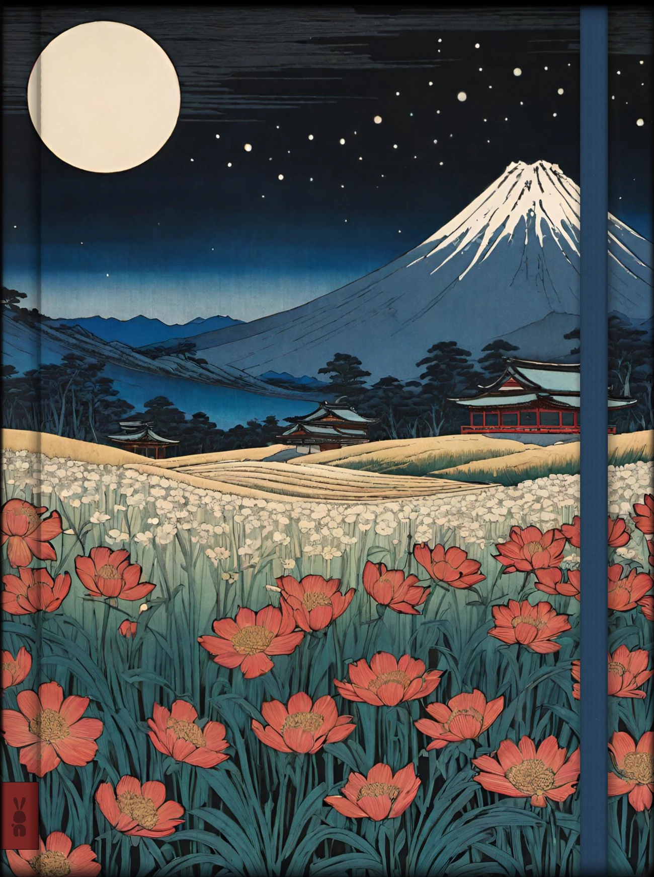 Ikigai Noto cover with a moonlit Mount Fuji and a field of red flowers